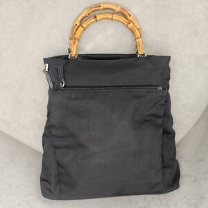 Vintage Gucci Tote Bag Bamboo Handles Black Nylon Luxury Designer Made Italy